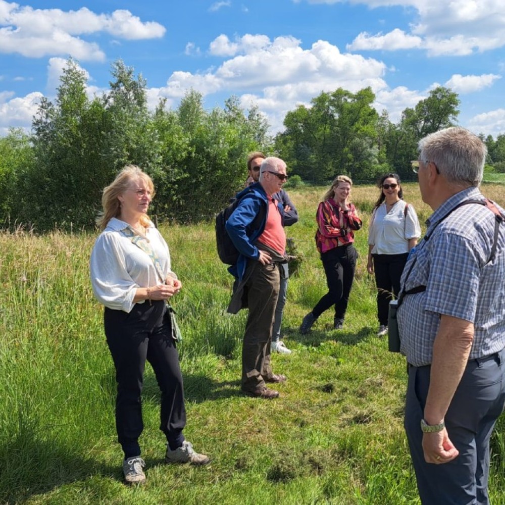Groepje van 6 ambtenaren staan in een graslandschap met bomen in de Loonse en Drunense duinen