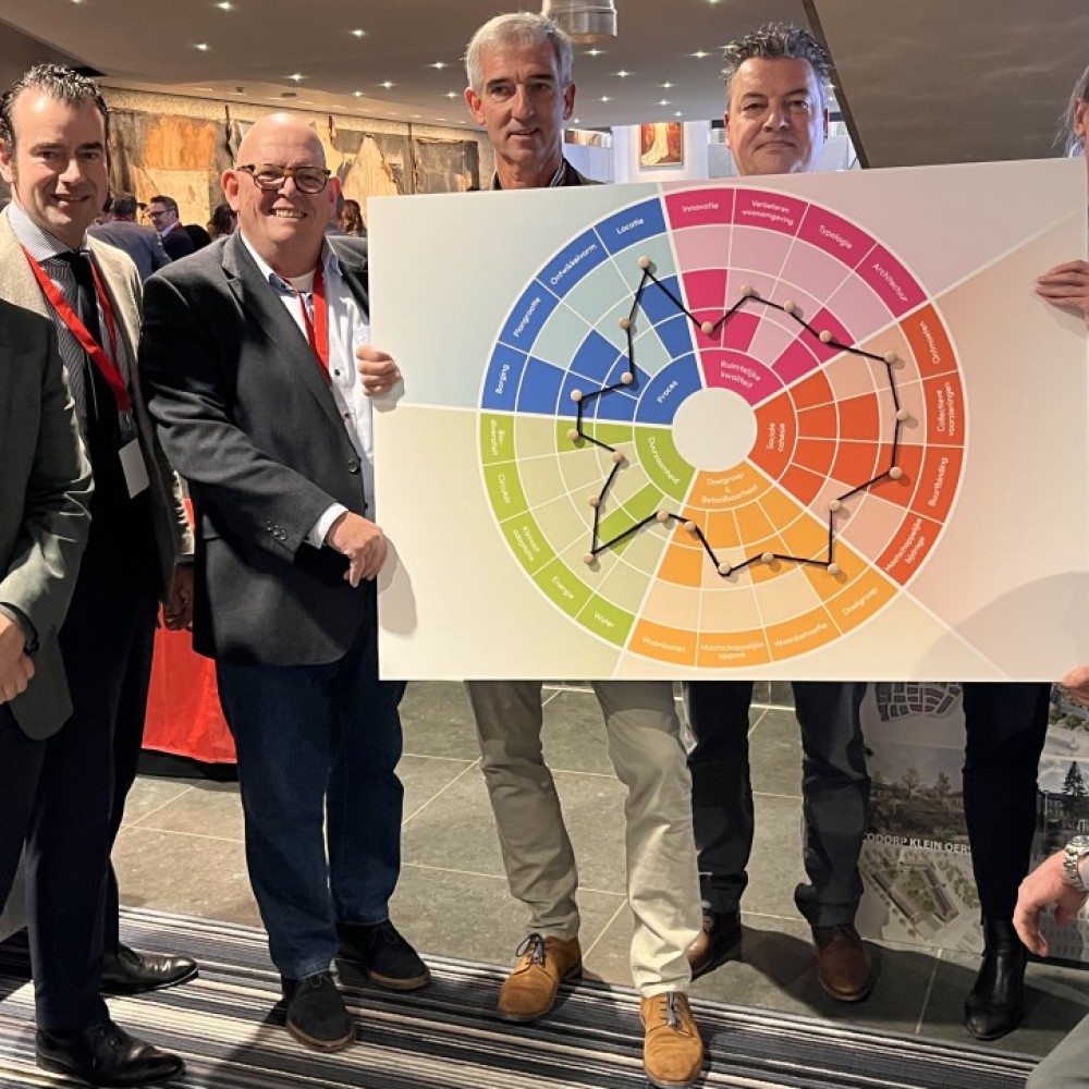 Vier leden van de regionale werkgroep Bijzondere woonvormen RNOB houden een groot bord met een infographic met woonkarakteristieken samen vast 
