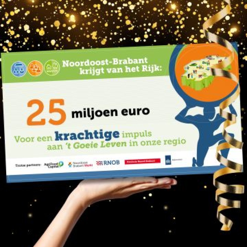 Foto van hand met een cheque ter waarde van 25 miljoen euro