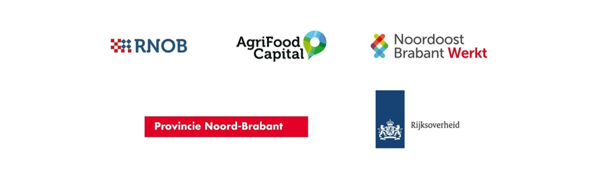 Logo's van de partners van Regio Deal 't Goeie leven: RNOB, AgriFood Capital, Noordoost Brabant Werkt, Provincie Noord-Brabant en Rijksoverheid.
