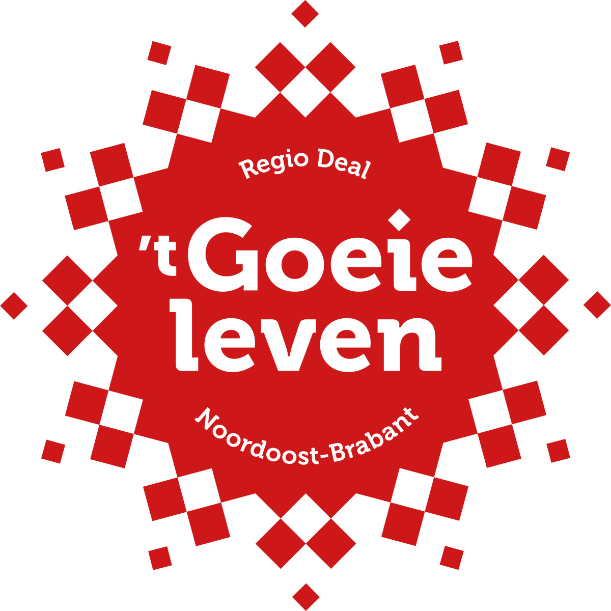 Logo van Regio Deal ’t Goeie Leven Noordoost-Brabant. Het logo is rood met witte ruitvormige patronen rondom de naam van de regio deal.
