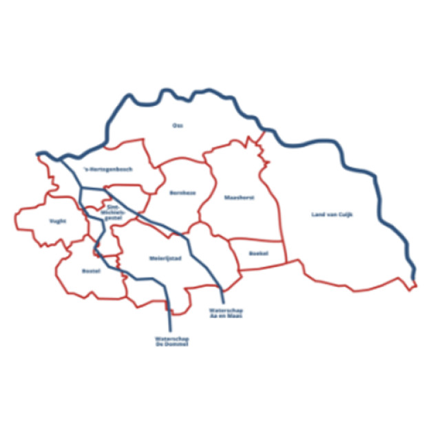 Afbeelding van de regio RNOB, een lijn tekening waarin alle gemeentes worden weergegeven en de twee waterschappen Aa en Maas en De dommel.
