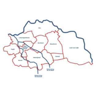 Afbeelding van de regio RNOB, een lijn tekening waarin alle gemeentes worden weergegeven en de twee waterschappen Aa en Maas en De dommel.