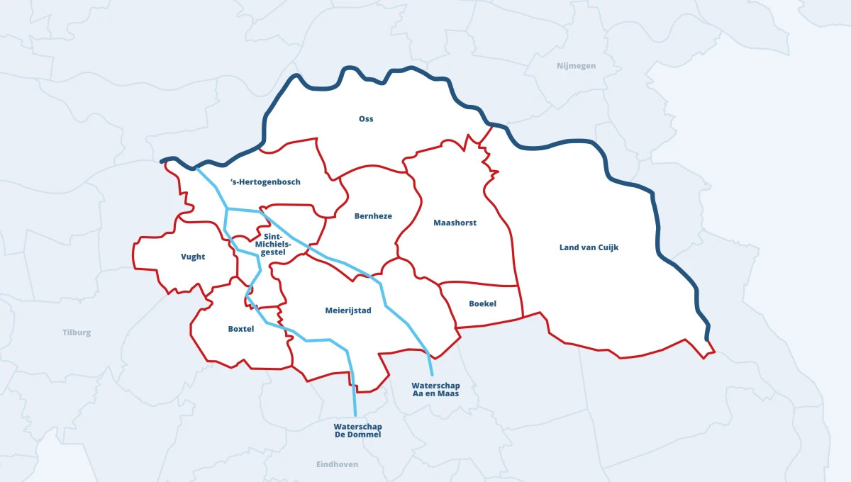 Afbeelding van de regio RNOB, een lijn tekening waarin alle gemeentes worden weergegeven en de twee waterschappen Aa en Maas en De dommel.
