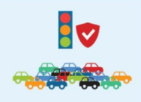 Pictogrammen van een verkeerslicht, een rood schild met een vinkje en een rij kleurrijke auto’s.