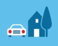 Afbeelding van een auto met daarnaast een huis en boom