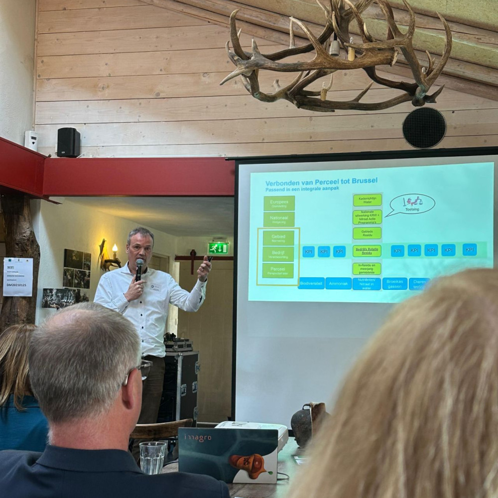 Ronald Luijkx presenteert het princie van BedrijfsRotatieResidu aan deelnemers van het event van de AgroProeftuin met een microfoon