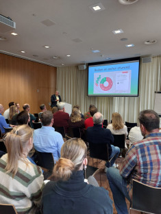 Presentatie over bodem- en watersturing voor een groep aanwezigen in een conferentieruimte.