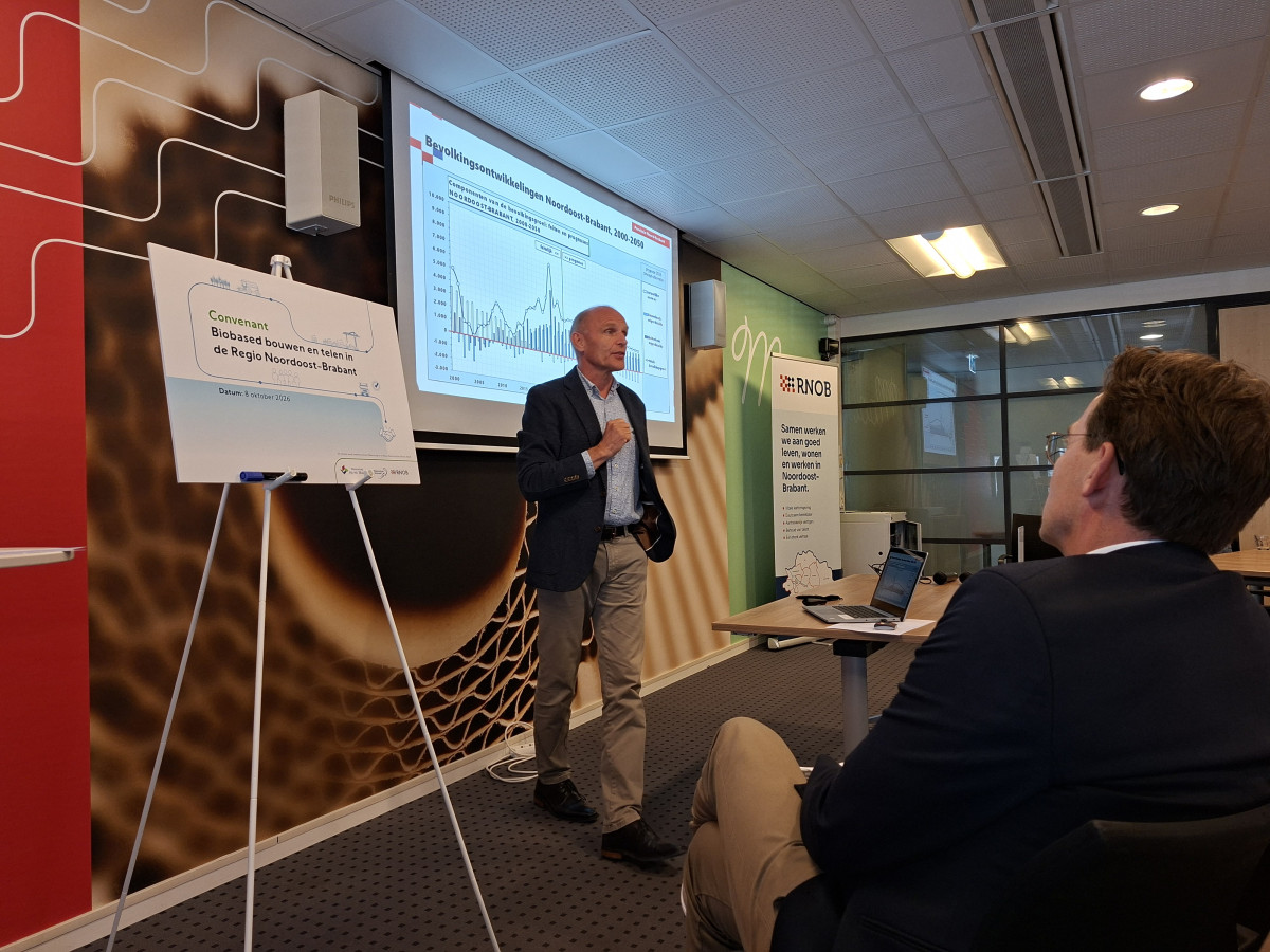 Niek Bargemen houdt een presentatie voor een scherm met naast hem een presentatiebord.