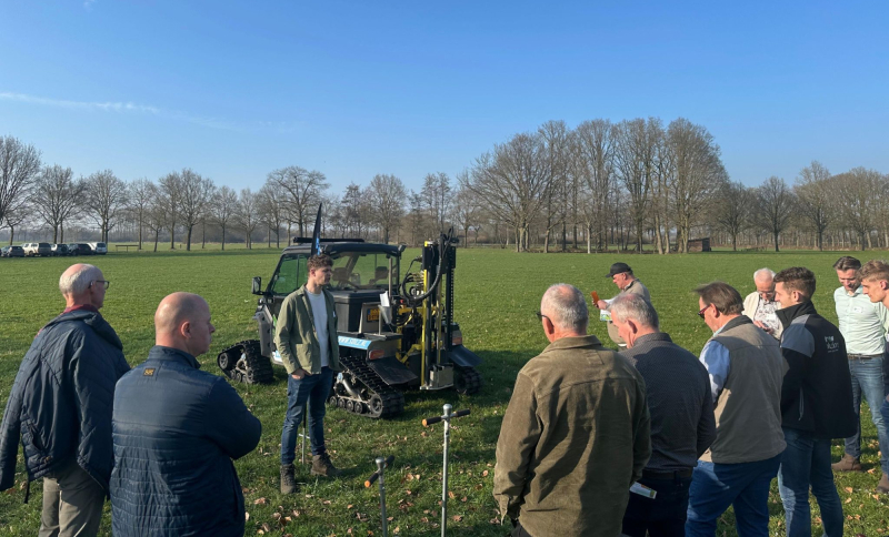 Demonstratie van een landbouwmachine aan groep aanwezigen boeren op landbouwgrond.