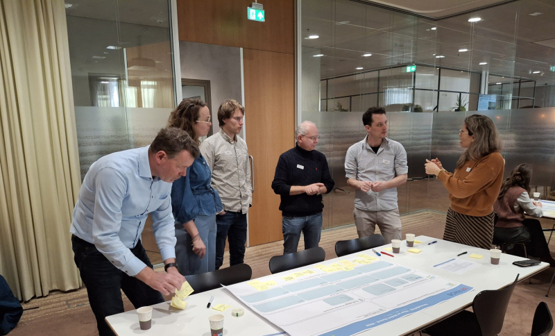 Deelnemers in overleg bij een grote tafel tijdens interactieve sessie over water- en bodembeheer.