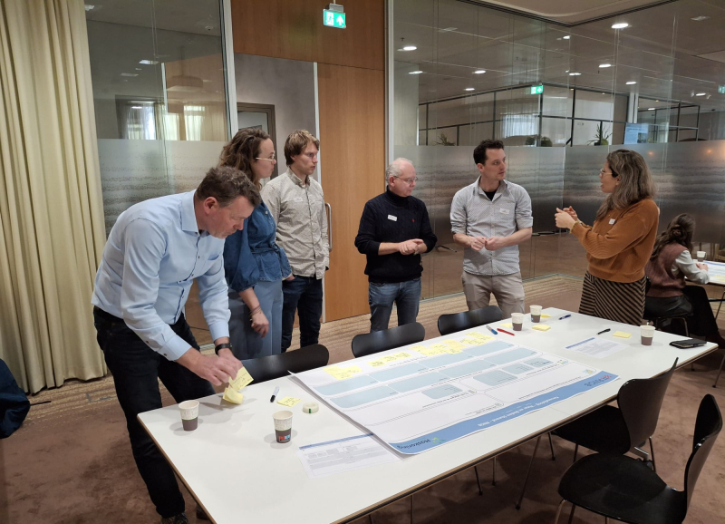 Deelnemers in overleg bij een grote tafel tijdens interactieve sessie over water- en bodembeheer.