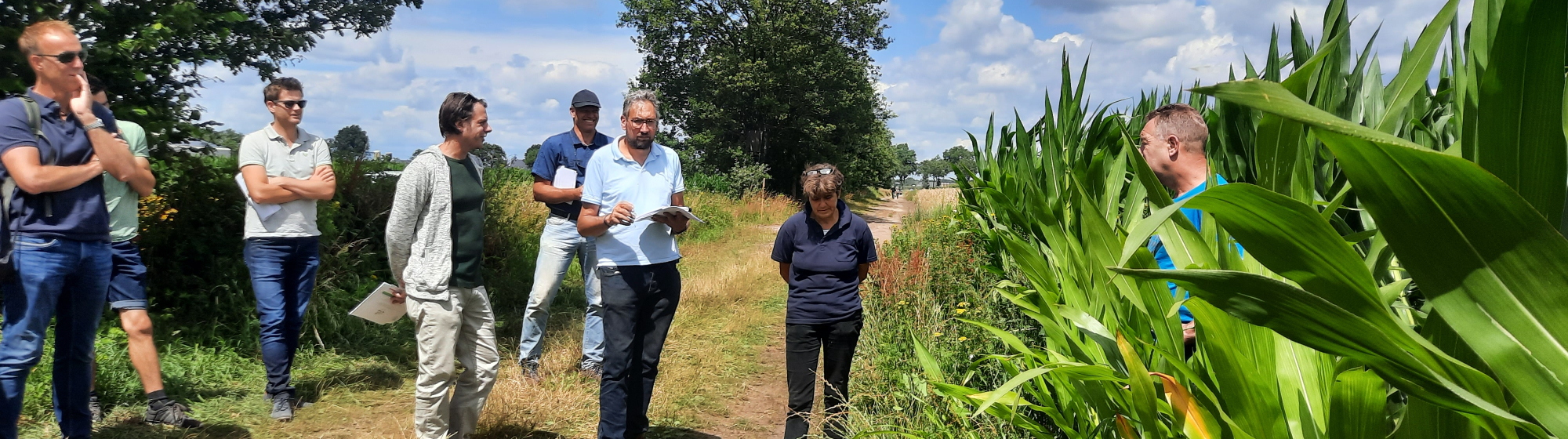 Groepje bezoekers aan de open proeflocatie dag van De AgroProeftuin in gesprek met een boer in een maïsveld.