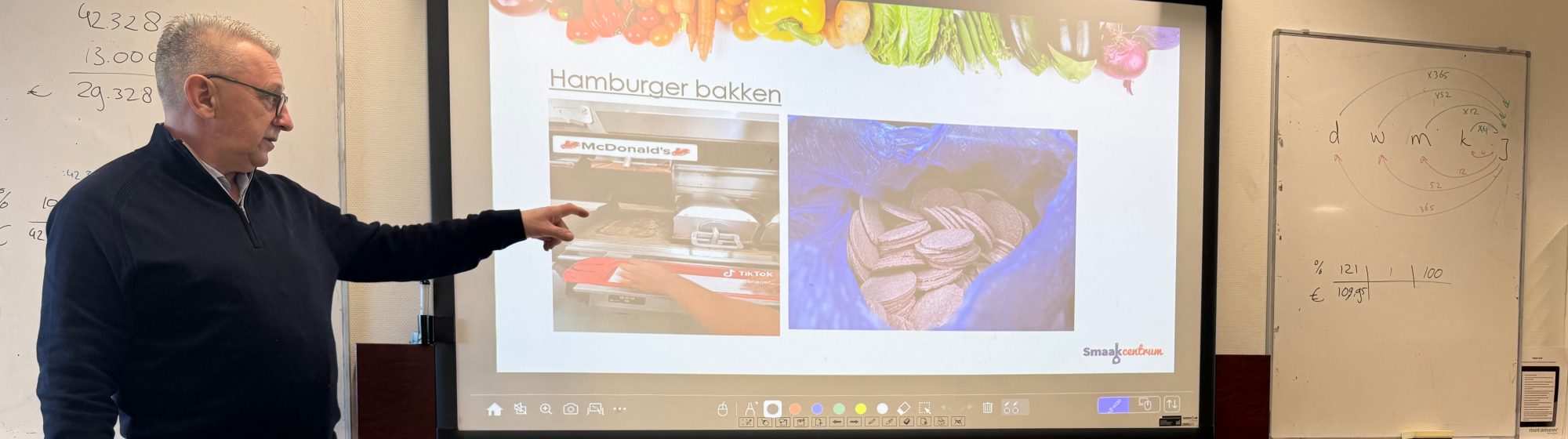 Martien Bos geeft een presentatie over hamburgerproductie en ingrediënten in een klaslokaal.
