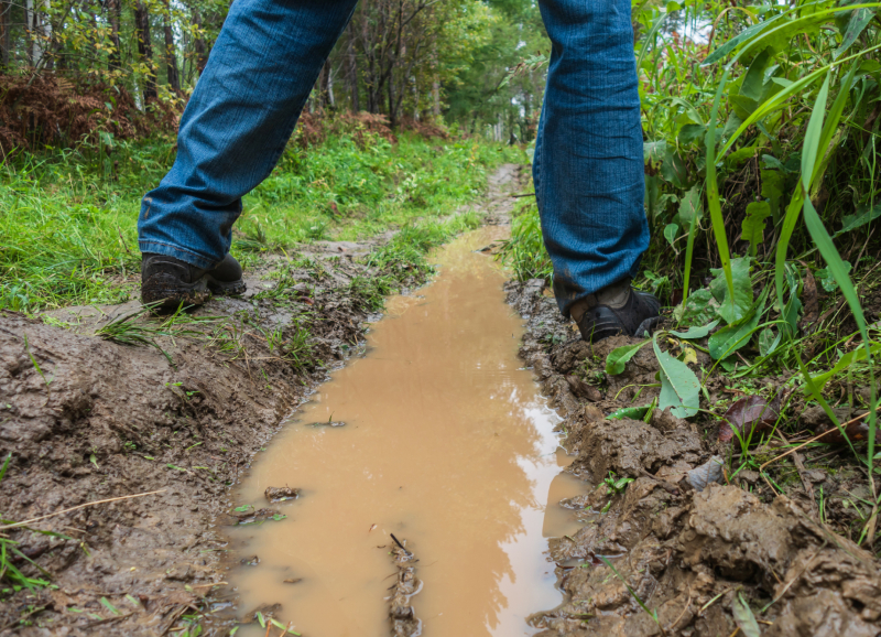 Twee benen op een modderig pad met waterplas in het buitengebied, illustratie van waterbeheer, bodemkwaliteit en klimaatadaptatie.