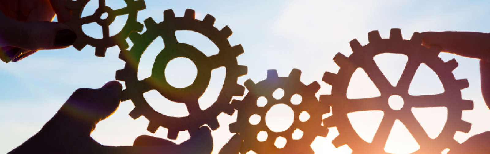 Foto van vier radartjes die tegen elkaar aan draaien, vastgehouden door vier handen met de zon op de achtergrond