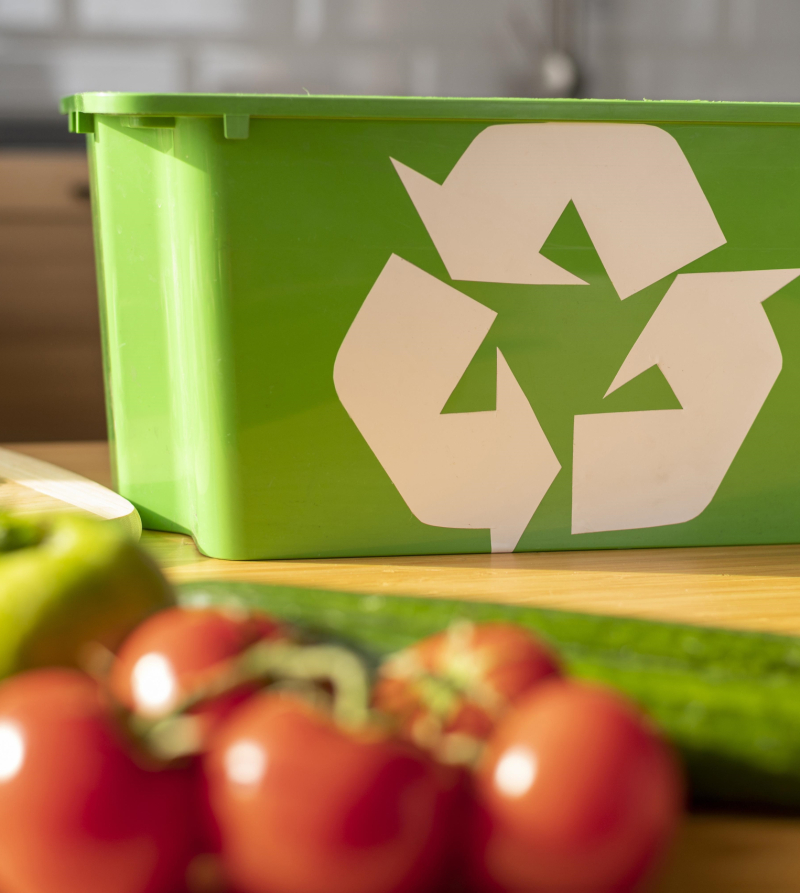 Foto van een groenrecylcebak met op de voorgrond appels, komkommers en tomaten 
