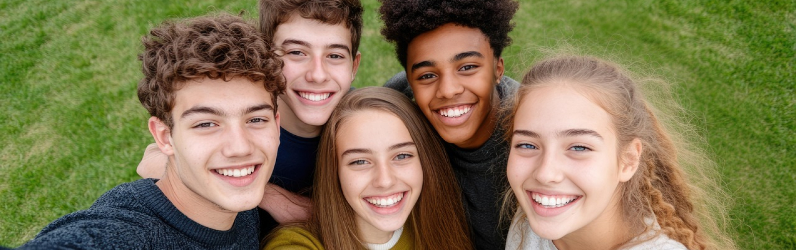 Foto met vijf jongeren (3 jongens en 2 meisjes) van bovenaf die een selfie nemen