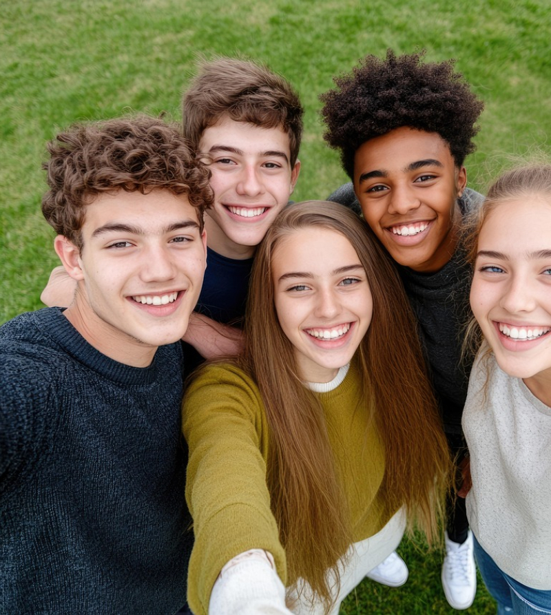 Foto met vijf jongeren (3 jongens en 2 meisjes) van bovenaf die een selfie nemen
