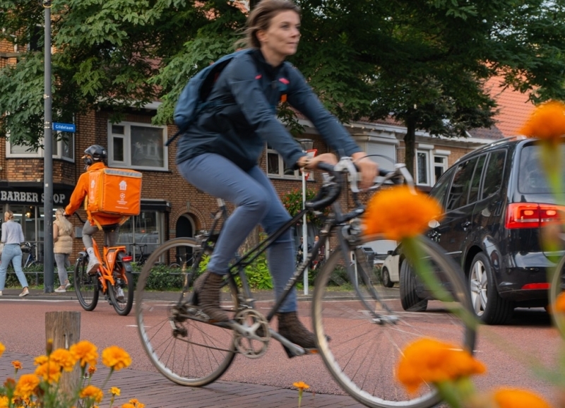 Fietsende dame en thuisbezorger van maaltijden op de fiets