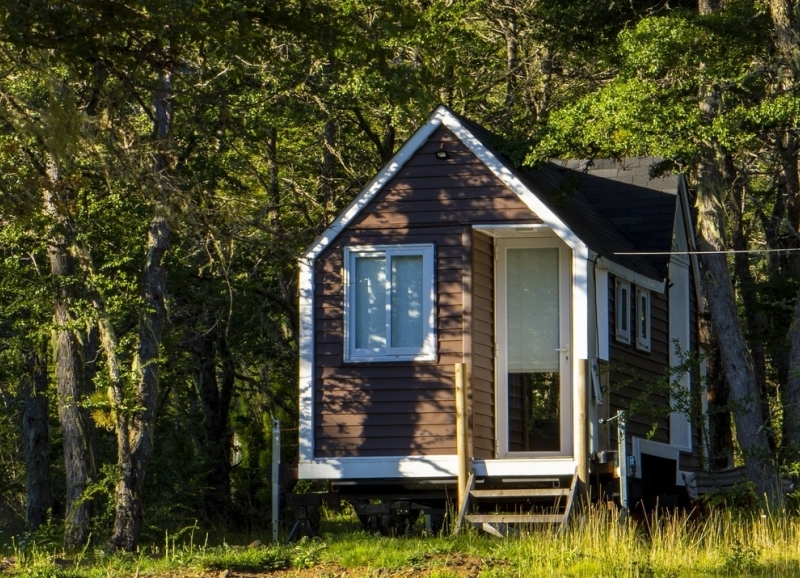 Houden tiny house in een bos