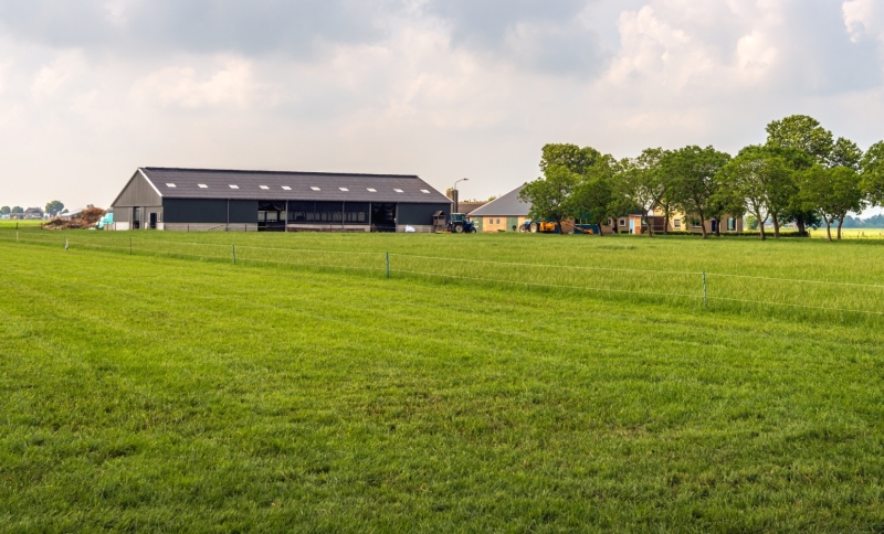 Modern landbouwbedrijf met stal omringd door een groot graslandschap