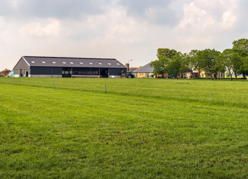 Modern landbouwbedrijf met stal omringd door een groot graslandschap