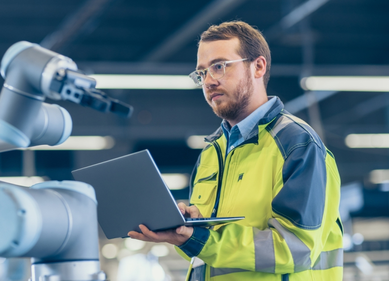 Fabrieksmedewerker stuurt robot aan