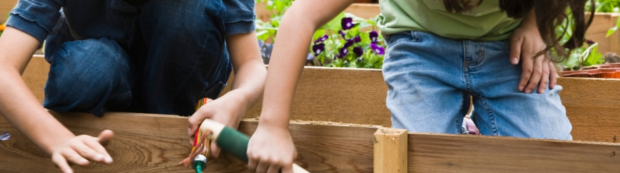 Twee kinderen schoffelen in het zand in een moestuintje
