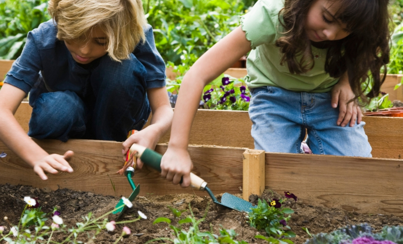 Twee kinderen schoffelen in het zand in een moestuintje