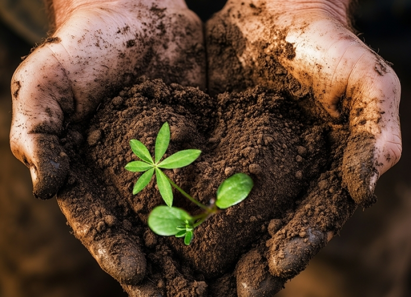 Closeup van een hand vol aarde en een klein plaantje