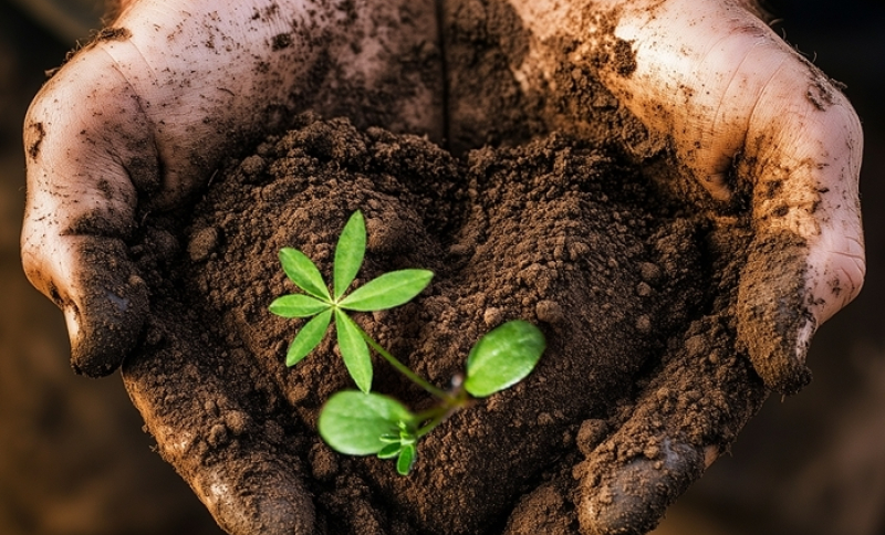 Closeup van een hand vol aarde en een klein plaantje