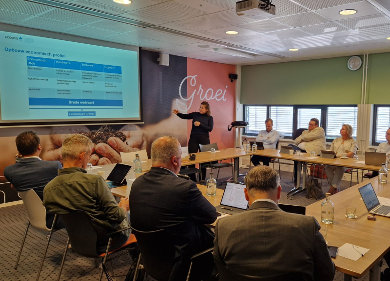 Wethouders uit Noordoost-Brabant luisteren naar een presentatie