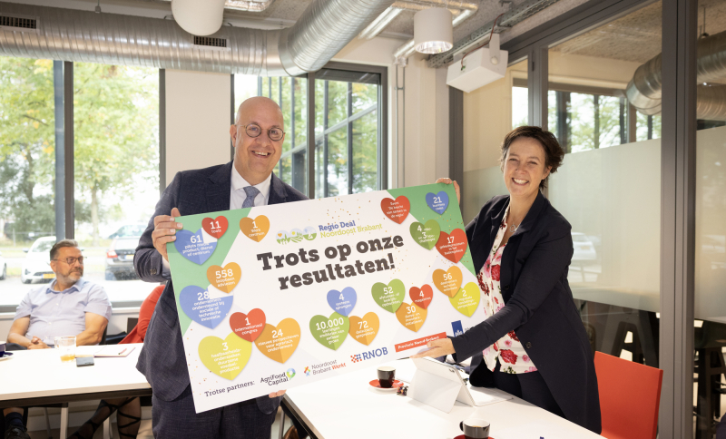 Jack Mikkers, voorzitter Regio Deal, overhandigt de resultaten van de Regio Deal aan Natalie Burgers van BZK