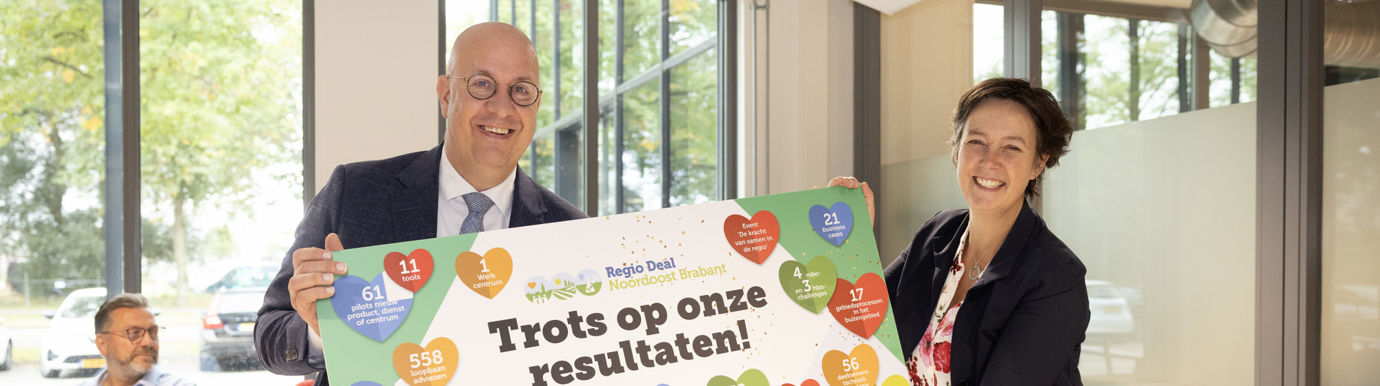 Jack Mikkers, voorzitter Regio Deal, overhandigt de resultaten van de Regio Deal aan Natalie Burgers van BZK