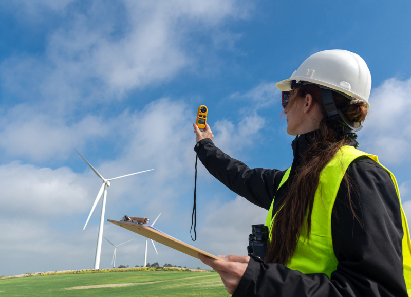 Vrouwelijke ingenieur met veiligheidshelm en reflecterend vest voert metingen uit met meetapparatuur bij een windmolenpark.