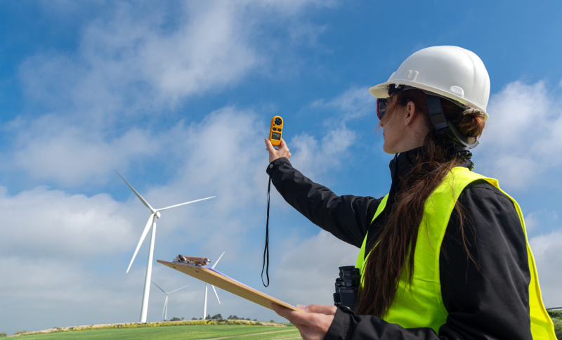 Vrouwelijke ingenieur met veiligheidshelm en reflecterend vest voert metingen uit met meetapparatuur bij een windmolenpark.