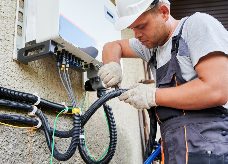 Monteur installeert zonnepanelen-omvormer en sluit kabels aan voor duurzame energievoorziening