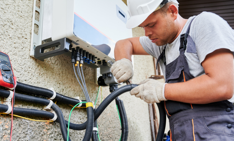 Monteur installeert zonnepanelen-omvormer en sluit kabels aan voor duurzame energievoorziening